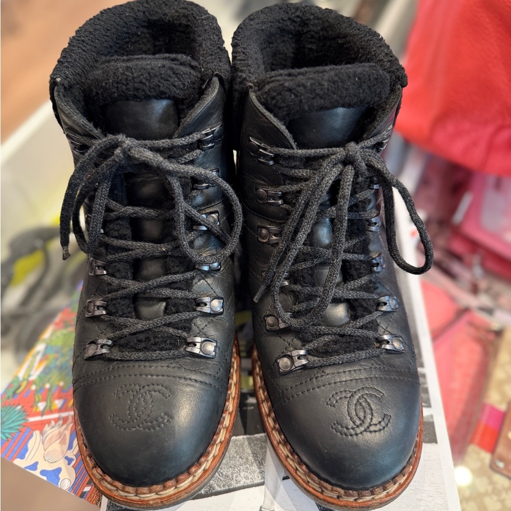 CHANEL Black Leather Lace-Up Boots